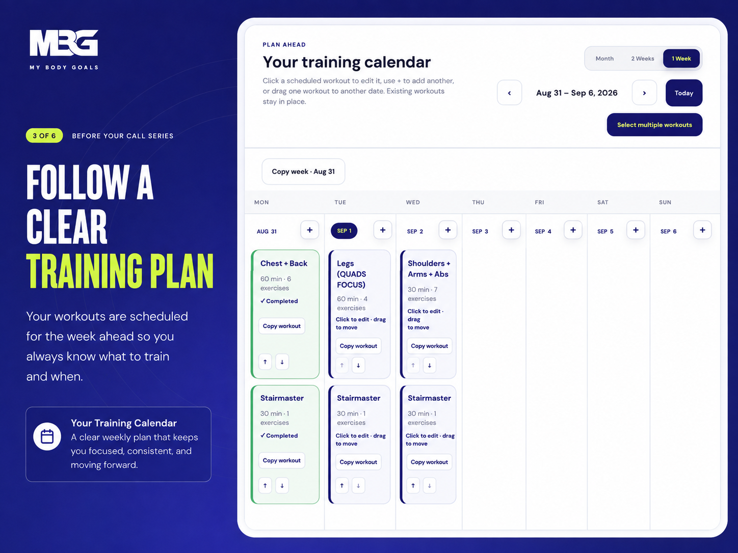 MY BODY GOALS training calendar showing a clear weekly workout schedule.