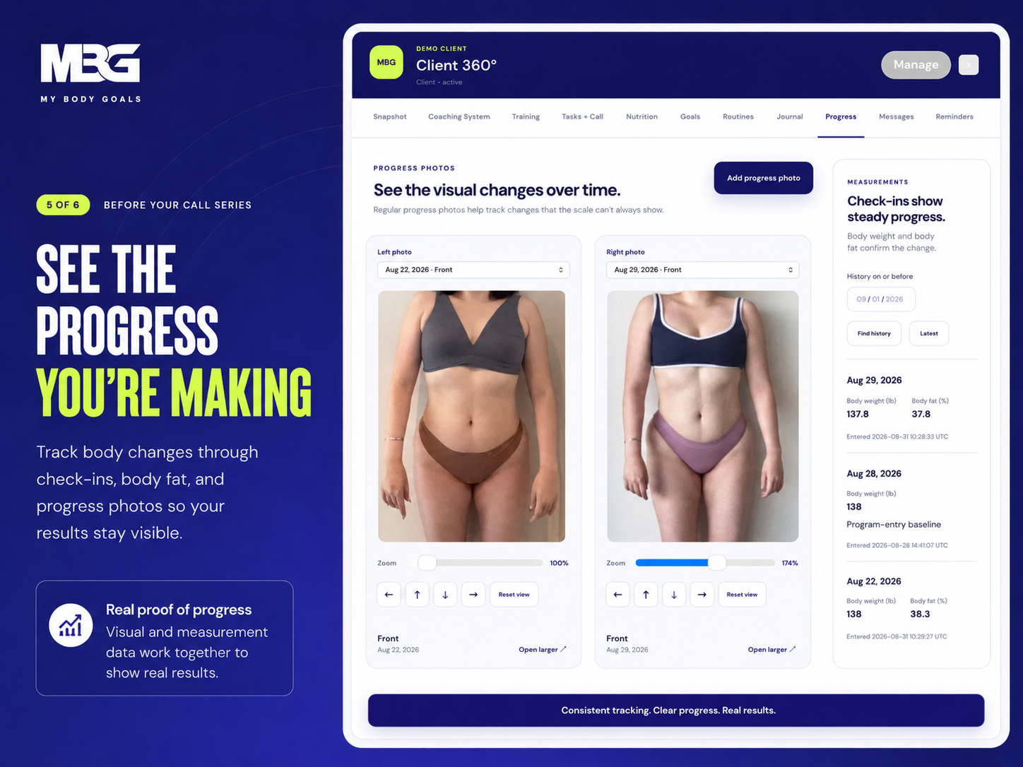MY BODY GOALS progress tracking showing photos, check-ins, body weight, and body fat progress.