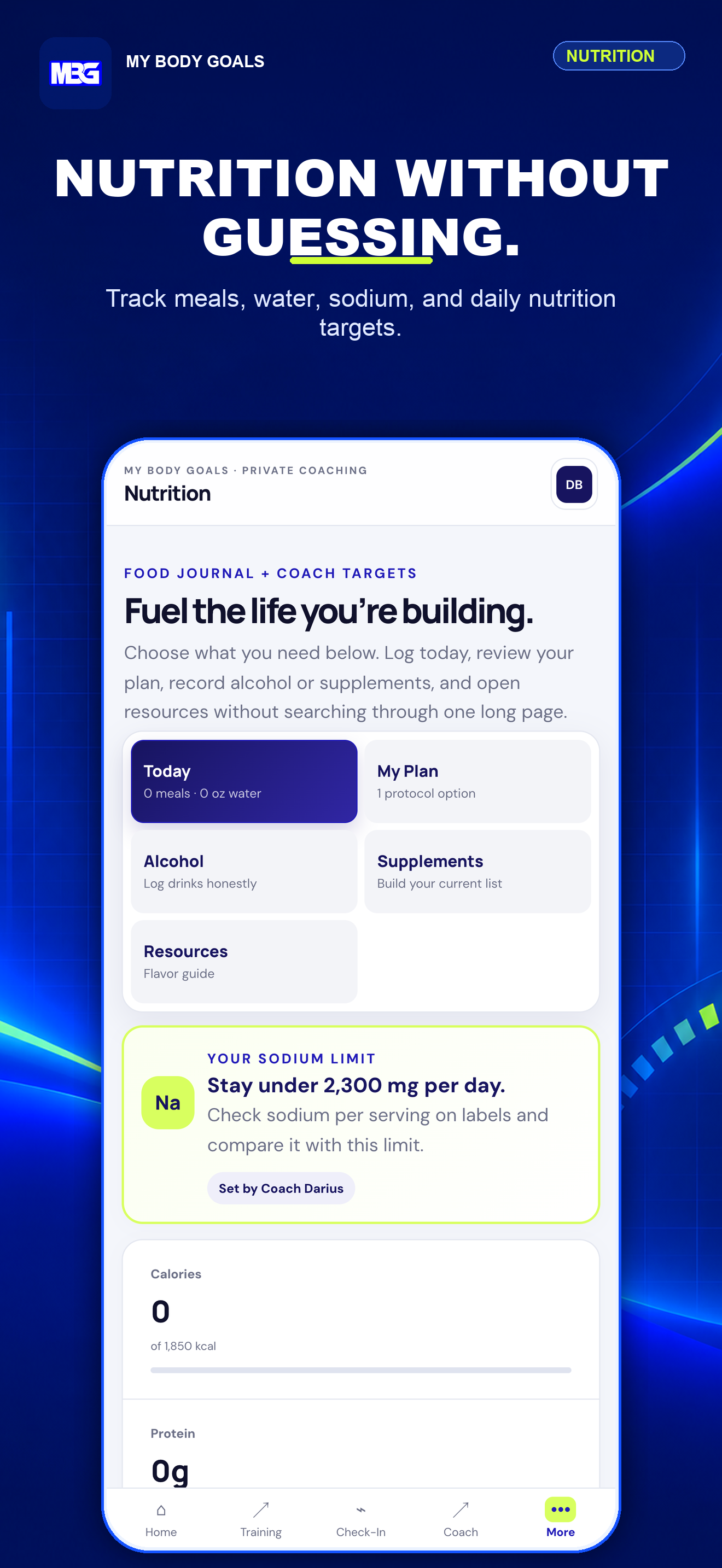 My Body Goals nutrition screen showing meals, targets, and daily progress.