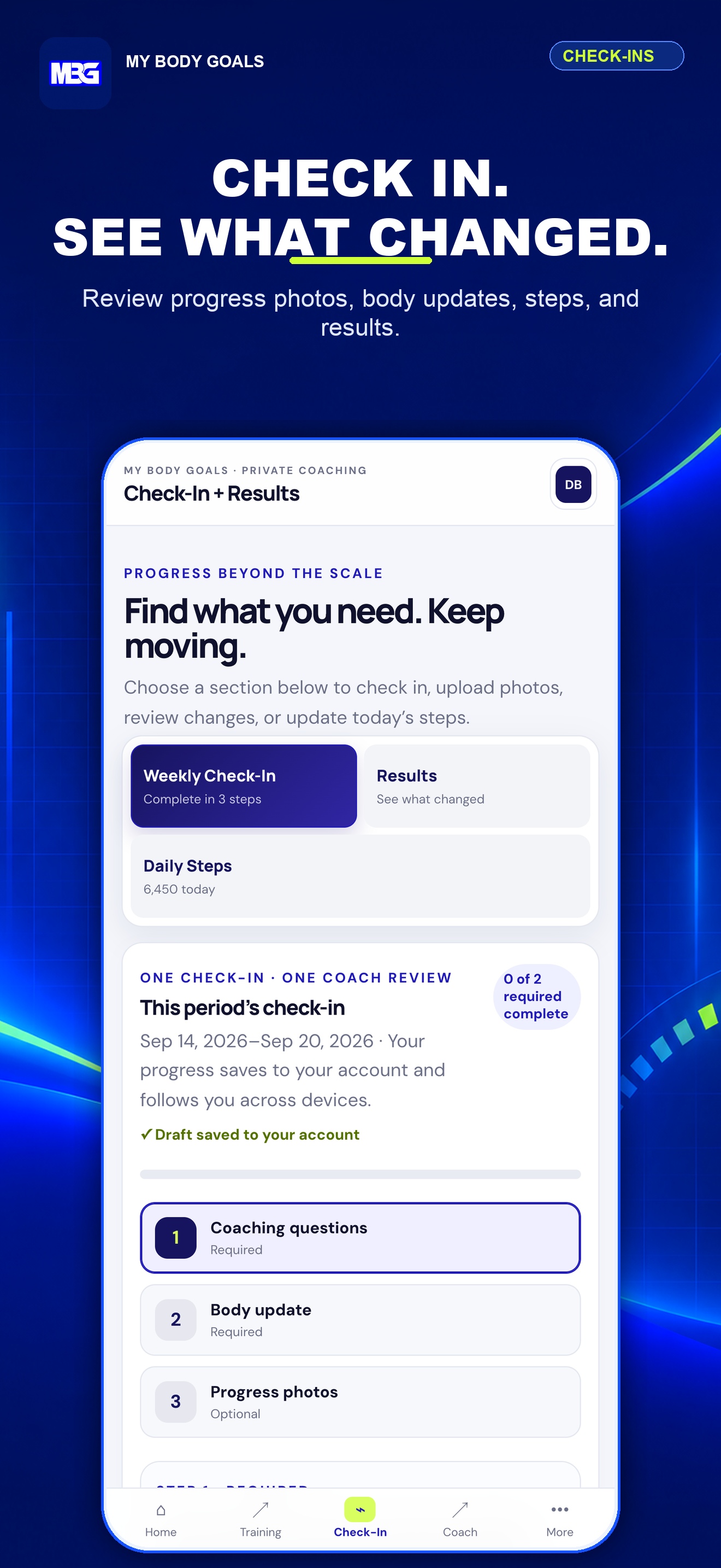 My Body Goals check-in screen showing weekly progress and reflection prompts.