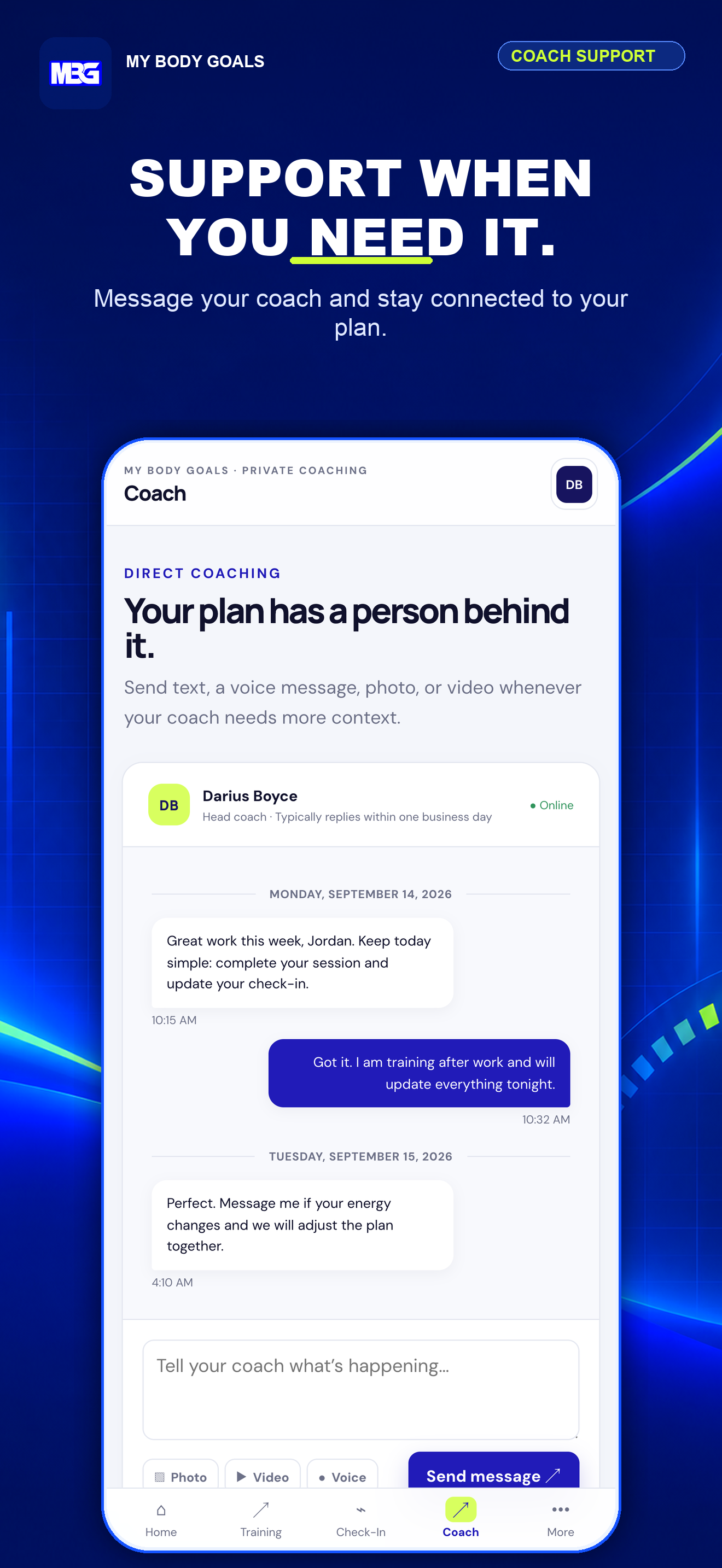 My Body Goals coaching support screen showing direct client messaging available with personal coaching.