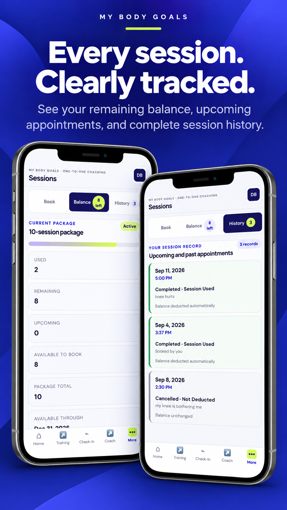 My Body Goals personal coaching session screen showing remaining balance, upcoming appointments, and session history.